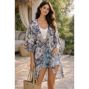 New York & Co Boho Floral Kimono Cover Up Tie Front L XL